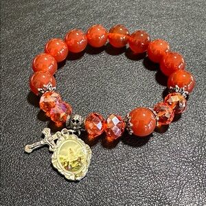 Cornelian & Orange Faucet Crystal Miraculous Charm & Cross Stretch Bracelet